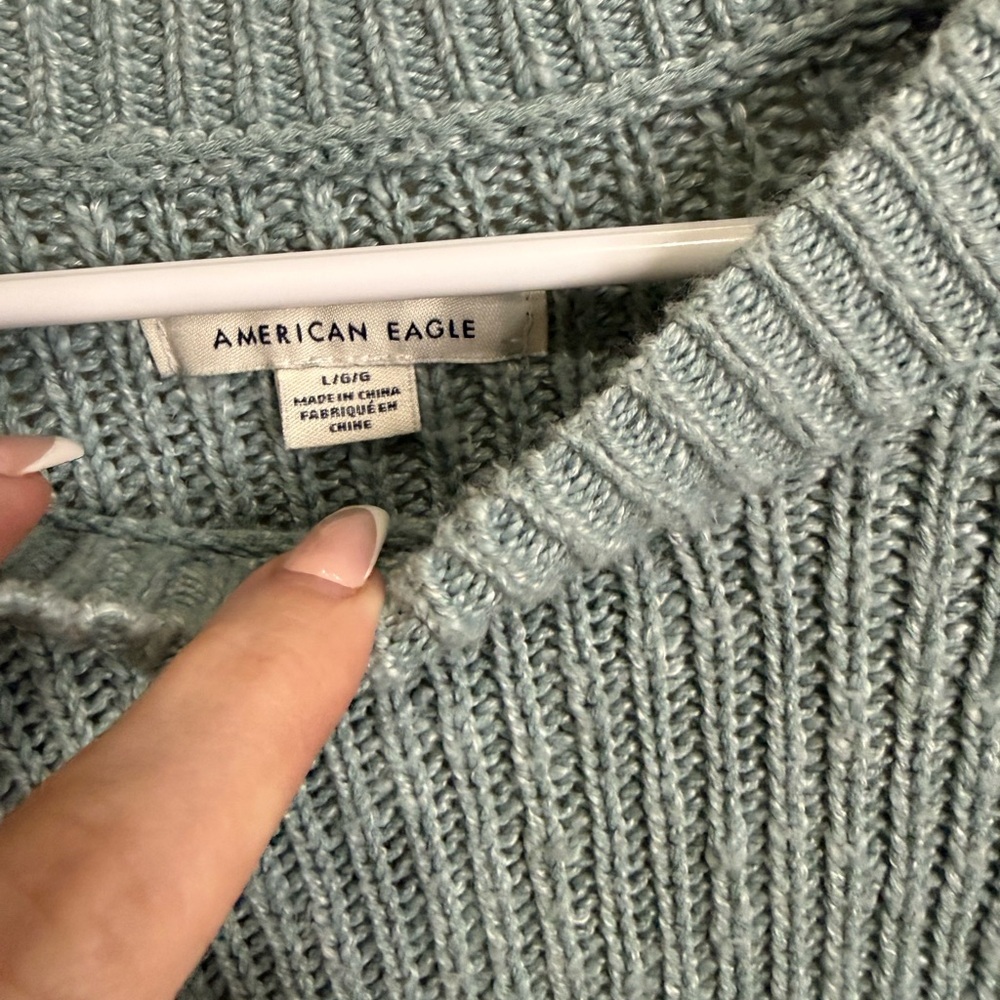 American Eagle Cable Knit Sweater Light Blue Cotton Blend Chunky Cozy Size L‎ - Picture 2 of 4